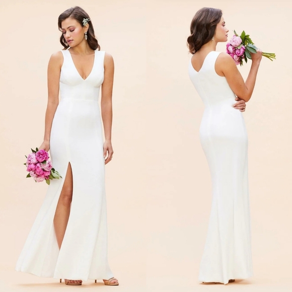 Sale! Dress The Population White Sandra Crepe Slit Gown - Picture 2 of 10